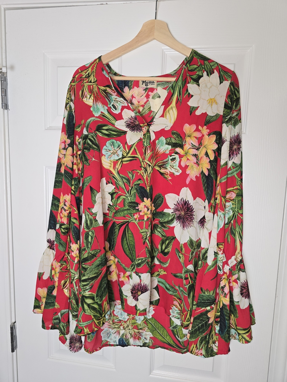 Show Me Your Mumu Red Tropical Floral V-Neck Bell Sleeve Top Size X-Small
